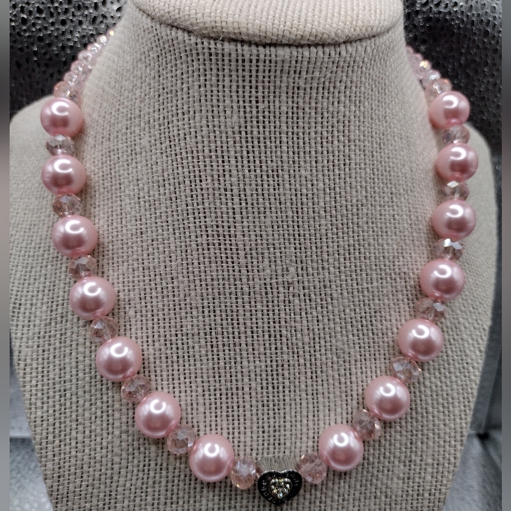 Pink Faux Pearl And Swarovski Beads Necklace 16" By Vladesign